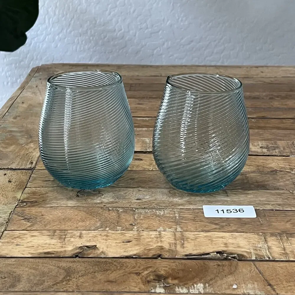 Aqua Blue Hand Blown Stemless Wine Glasses Spiral Design Set of 2